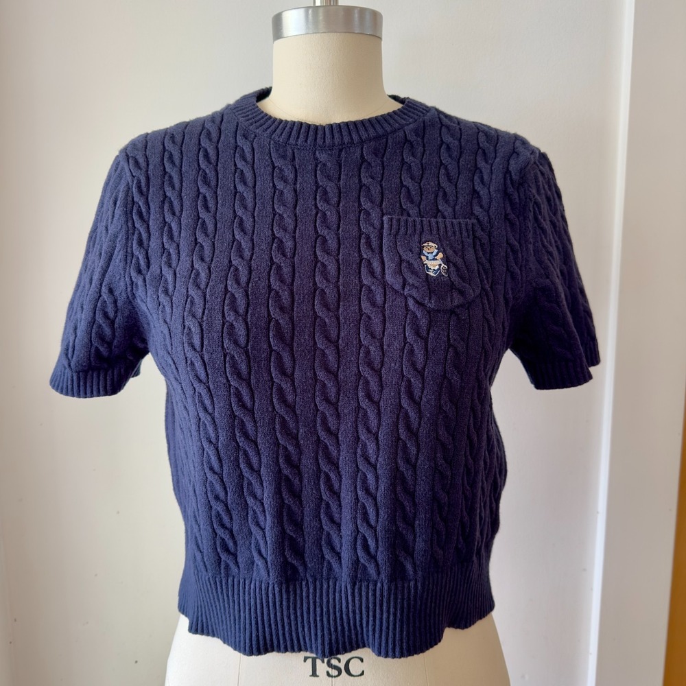 Teenie Weenie Cable Knit Short-Sleeve Sweater Top-Preppy Embroidered Bear-Navy-M